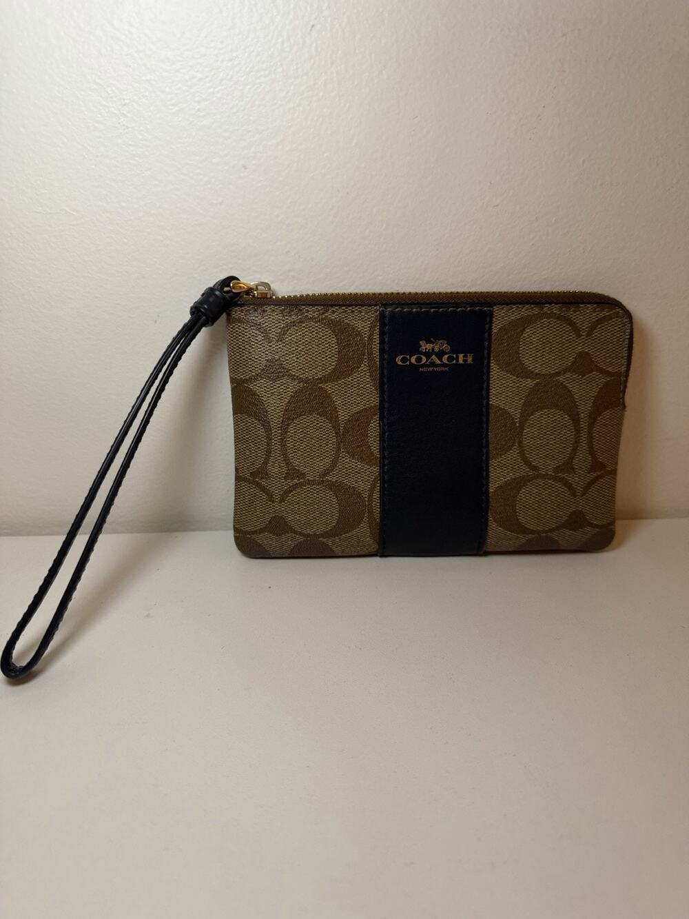 Coach Brown Signature Canvas Navy Blue Leather Stripe Corner Zip Wristlet Wallet
